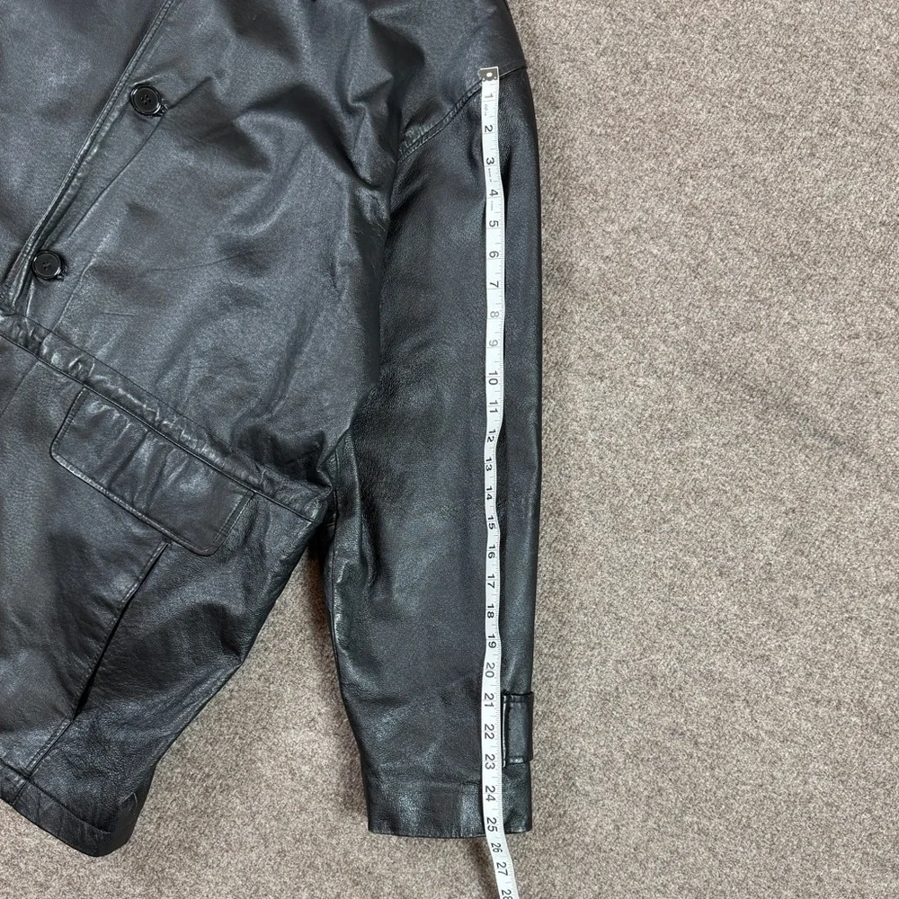 VTG Black Genuine Leather Jacket Men’s XL Button Front Collared Drawstring Waist